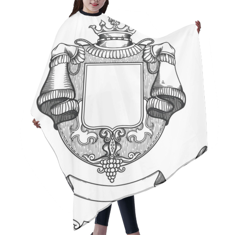Personality  Royal, Rich, Luxurious Wooden Coat Of Arms With A Crown And Grapes. Empty Inside, Template For Design. Made In A Vector, Is Separated From A White Background, Hand-made In A Linear Style Hair Cutting Cape