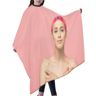 Personality  Young Woman With Colorful Hair Applying Lotion On Bare Shoulders Isolated On Pink  Hair Cutting Cape