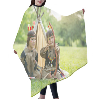 Personality  Cute Portrait Of Native American Boys With Costumes, Playing Out Hair Cutting Cape