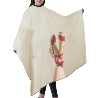 Personality  Cropped Shot Of Upside Down Female Legs In Red Platform Sandals On Beige Background Hair Cutting Cape