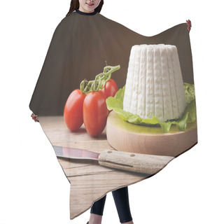 Personality  Ricotta Cheese And Tomatoes On Old Wooden Table. Hair Cutting Cape