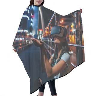 Personality  Young Woman In Virtual Reality Headset Sitting On Street With Night City On Background Hair Cutting Cape