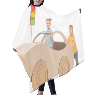 Personality  Sister Driving Cardboard Car While Brother Pushing Her, On White And Traffic Lights On Background Hair Cutting Cape