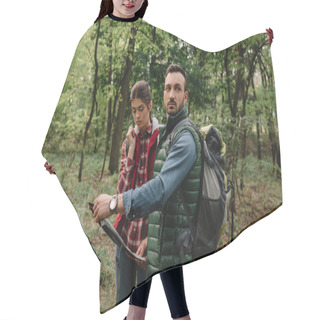 Personality  Couple Of Travelers With Map Got Lost In Woods Hair Cutting Cape