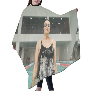 Personality  Water Splashes, Aqua Exercise, Happy Middle Aged Woman In Swim Cap And Goggles, Inside Of Pool Hair Cutting Cape