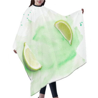 Personality  Top View Of Two Small Pieces Of Ripe Limes On White Surface With Green Watercolor Hair Cutting Cape