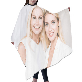 Personality  Smiling Blonde Mother And Daughter In Total White Outfits Hair Cutting Cape