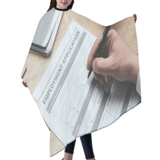 Personality  Cropped View Of Man Filling In Employment Application Agreement Form Concept Hair Cutting Cape