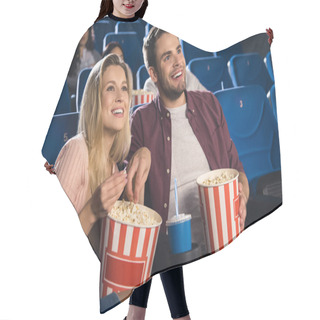 Personality  Smiling Couple With Popcorn And Soda Drink Watching Film Together In Cinema Hair Cutting Cape