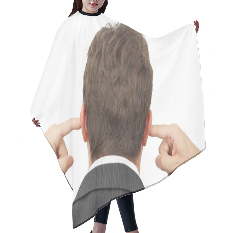 Personality  Businessman Blocking His Ears With Fingers . Hair Cutting Cape
