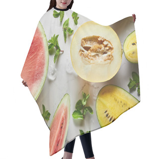 Personality  Top View Of Cut Delicious Exotic Yellow And Red Watermelons And Melon On Marble Surface With Mint And Ice Hair Cutting Cape