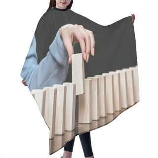 Personality  Cropped View Of Woman Picking Wooden Brick From Row Of Blocks Isolated On Black Hair Cutting Cape