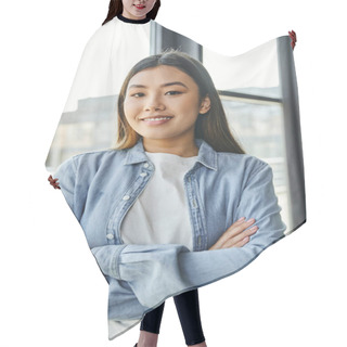 Personality  Stylish And Joyful Asian Brunette Woman In Denim Shirt Crossing Arms And Looking At Camera In Contemporary Office, Successful Youth, Professional Development, Modern Lifestyle Hair Cutting Cape