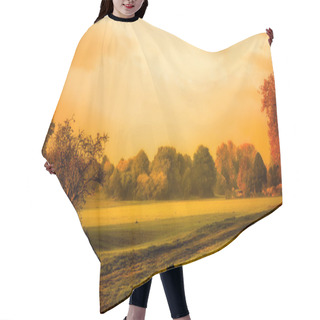 Personality  Vintage Style Warm Tones Water-colored Idyllic Autumn Sunrise Over A Rural Peaceful Landscape Field With Trees, Clouds,impression,painting Style,green,golden,brown,peaceful,quiet,harmony,countryside Hair Cutting Cape