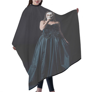 Personality  Scary Vampire Girl In Black Gothic Dress Holding Human Skull In Front Of Face Hair Cutting Cape