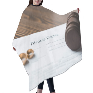 Personality  Close-up View Of Divorce Decree, Wedding Rings And Wooden Hammer Hair Cutting Cape