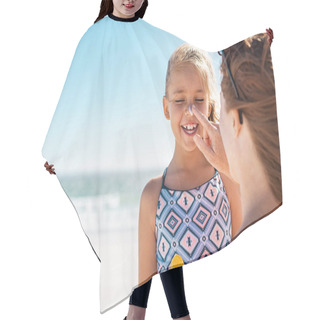 Personality  Mother Applying Suntan Lotion On Daughter Face Hair Cutting Cape