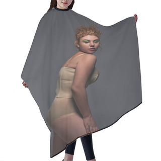 Personality  Self-expression, Redhead Woman With Curvy Body Posing In Taupe Underwear On Dark Grey Backdrop Hair Cutting Cape