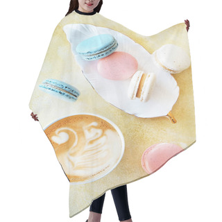 Personality  Feminine Composition With Traditional French Macarons Sweets, Cup Of Coffee With Latte Art And Tender Tulip Flowers On Yellow Concrete Textured Background. Top View, Close Up, Copy Space. Hair Cutting Cape