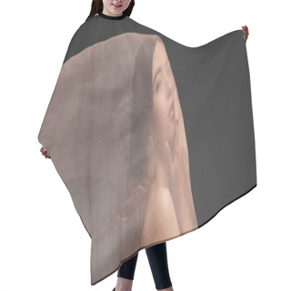 Personality  Young Asian Model With Naked Shoulder Touching Chin Under Cloth Isolated On Black, Banner Hair Cutting Cape