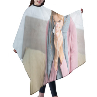 Personality  Panoramic Shot Of Ill Woman With Grey Scarf Sneezing And Using Napkin Hair Cutting Cape