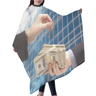 Personality  Handing Stack Of Cash For Key And Corporate Building Hair Cutting Cape