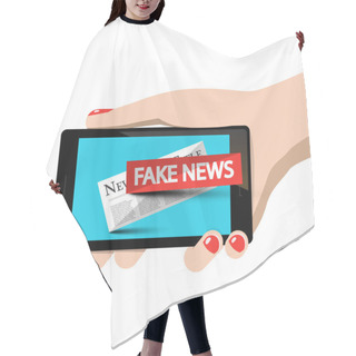 Personality  Fake News Symbol On Mobile Phone In Woman Hand Hair Cutting Cape