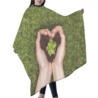 Personality  Cropped Image Of Woman Holding Heart Shaped Soil With Succulent In Hands Above Green Grass, Earth Day Concept Hair Cutting Cape