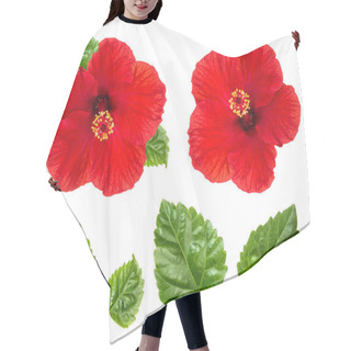 Personality  Hibiscus Flower Head And Green Leaves Isolated On White Background. Red Blossom Hair Cutting Cape