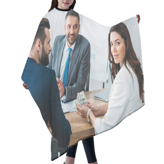 Personality  Selective Focus Of Investor In Suit Holding Money At Office  Hair Cutting Cape