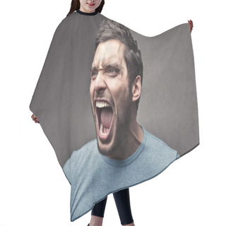 Personality  Man Shouting Angrily Indoor. Hair Cutting Cape