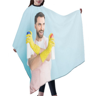 Personality  Cheerful Bearded Man Holding Spray Bottles On Blue  Hair Cutting Cape