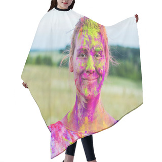 Personality  Woman With Colorful Paint On Face Hair Cutting Cape