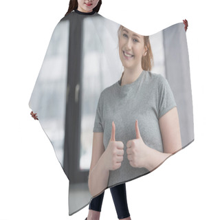 Personality  Obese Girl Showing Thumbs Up In Gym Hair Cutting Cape