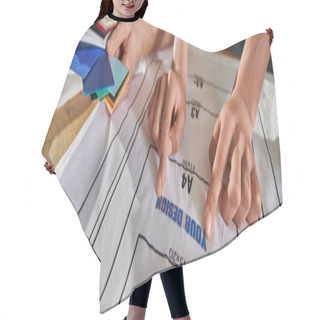 Personality  Cropped View Of African American Designer Holding Printing Layer On T-shirt On Table Near Colleague With Color Swatches In Print Studio, Thriving Small Enterprise Concept, Banner  Hair Cutting Cape