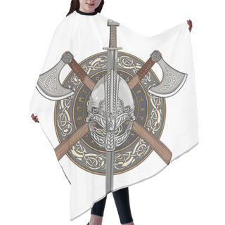 Personality  Viking Helmet, Crossed Viking Axes And In A Wreath Of Scandinavian Pattern And Viking Shield Hair Cutting Cape