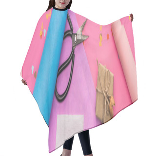 Personality  Top View Of Valentines Decoration, Wrapping Paper, Gift Box, Scissors On Pink Background, Panoramic Shot Hair Cutting Cape