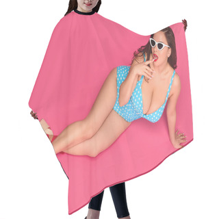 Personality  High Angle View Of Sexy Size Plus Girl In Swimsuit And Sunglasses Lying Isolated On Pink Hair Cutting Cape