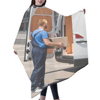 Personality  Loader In Overalls Holding Carton Box Near Truck With Open Doors On Urban Street  Hair Cutting Cape