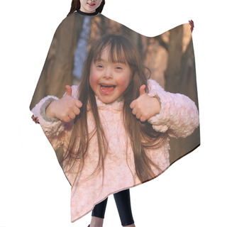 Personality  Portrait Of Beautiful Happy Girl Hair Cutting Cape