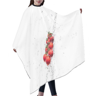 Personality   Fresh Cherry Tomatoes In Water Splashes Isolated On White Hair Cutting Cape