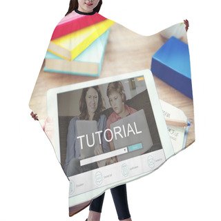 Personality  Digital Tablet With Tutorial Concept   Hair Cutting Cape