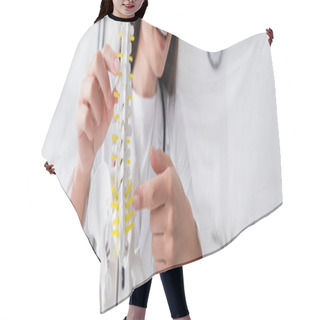Personality  Cropped View Of Cheerful Doctor Pointing At Spinal Model In Hospital, Banner  Hair Cutting Cape