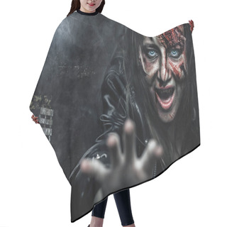 Personality  Close-up Portrait Of Horrible Zombie Woman With Wounds. Horror. Halloween Poster. Hair Cutting Cape
