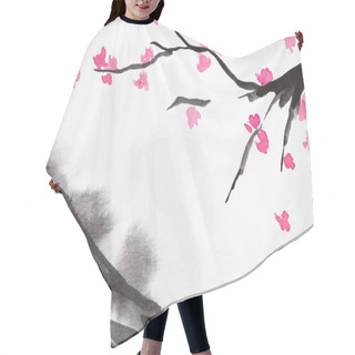 Personality  Japanese Painting With Grey Hill And Sakura Branches On White Background Hair Cutting Cape