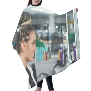 Personality  Side View, Happy Client In Beauty Salon, Cheerful Woman With Hair Bun, Customer Satisfaction, Hair Salon, Hairstyle, Female Client With Braids, Looking Away, Mirror, Beauty Salon  Hair Cutting Cape