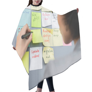 Personality  Marker In Hand Of African American Businesswoman Near Board With Sticky Notes  Hair Cutting Cape