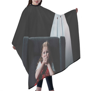 Personality  White Ghost And Scared Child Sitting In Armchair And Showing Hish Sign Isolated On Black Hair Cutting Cape