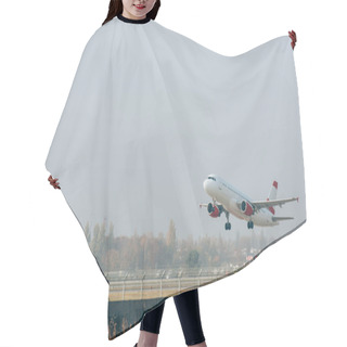 Personality  Jet Plane Above Airport Runway With Cloudy Sky At Background Hair Cutting Cape