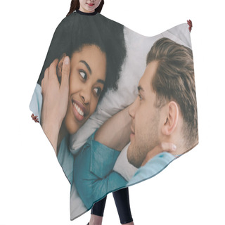Personality  Pretty Multiracial Couple Hugging And Lying On Bed Hair Cutting Cape